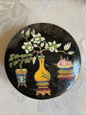 Vintage Trinket cloisonné printed round tin, made in England
